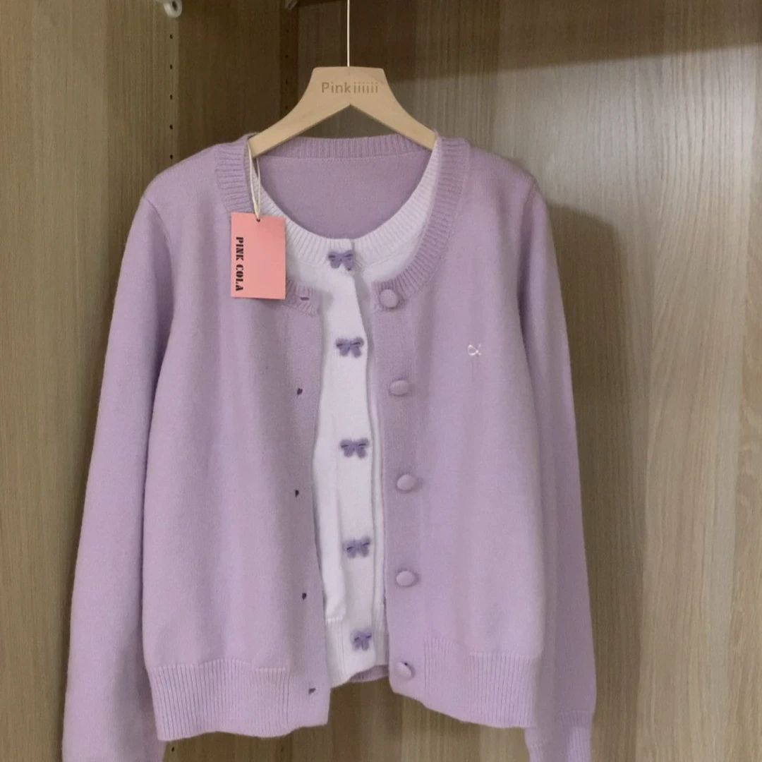 超嫩刺绣蝴蝶结假两件毛衣外套女2024年秋冬新款减龄圆领针织开衫