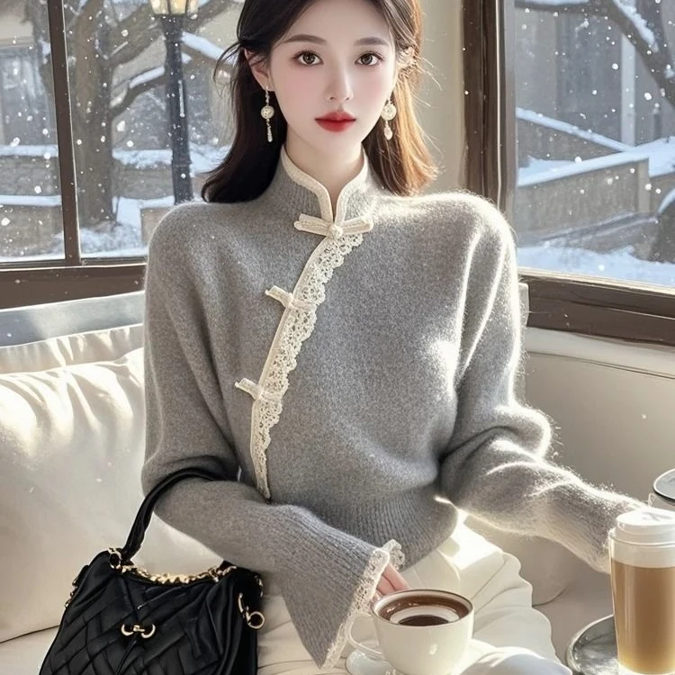 2024年冬季新中式国风高级感内搭毛衣气质百搭小香风灰色针织上衣