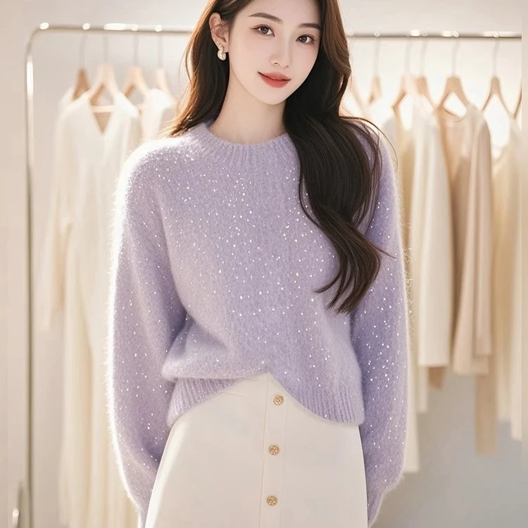 通勤新款设计感小众高级感巨美气质通勤纯欲气质毛衣紫色针织衫女