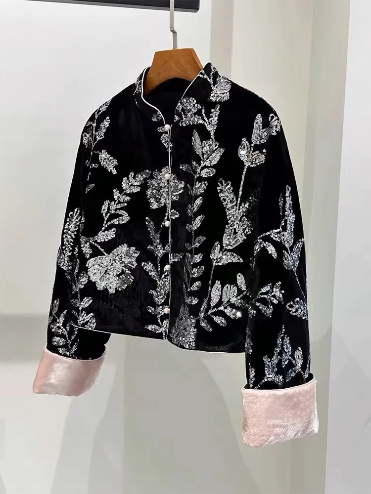 买手店新中式女装国风盘扣上衣独特超好看黑色刺绣亮片外套女