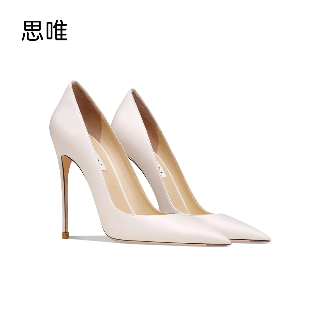 思唯白色哑光高跟鞋女爆款细跟尖头浅口通勤职业OL工作鞋羊皮单鞋
