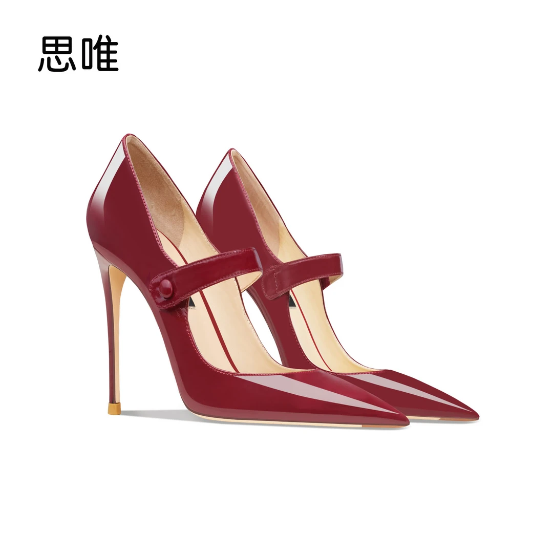 思唯酒红色玛丽珍鞋一字扣带高跟鞋女2024年新款洋气尖头欧美单鞋