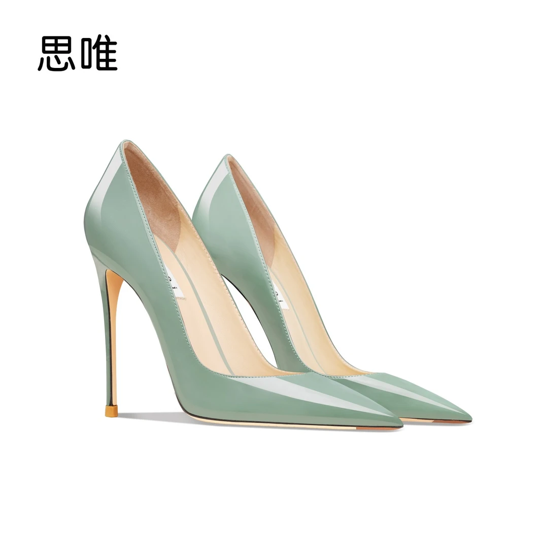 思唯高跟鞋草绿色女2024年新款爆款细跟气质浅口漆皮性感职业单鞋
