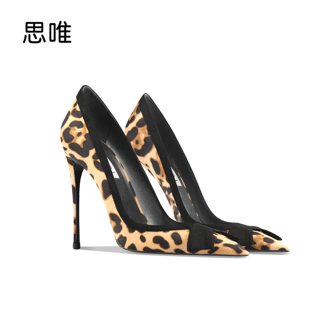思唯黑色绒面豹纹蝴蝶结高跟鞋女2024年新款细跟尖头性感百搭单鞋