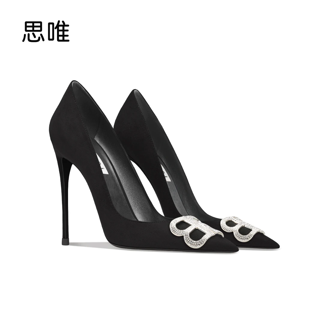 思唯黑色绒面水钻高跟鞋女2024年新款细跟尖头浅口磨砂搭扣单跟鞋