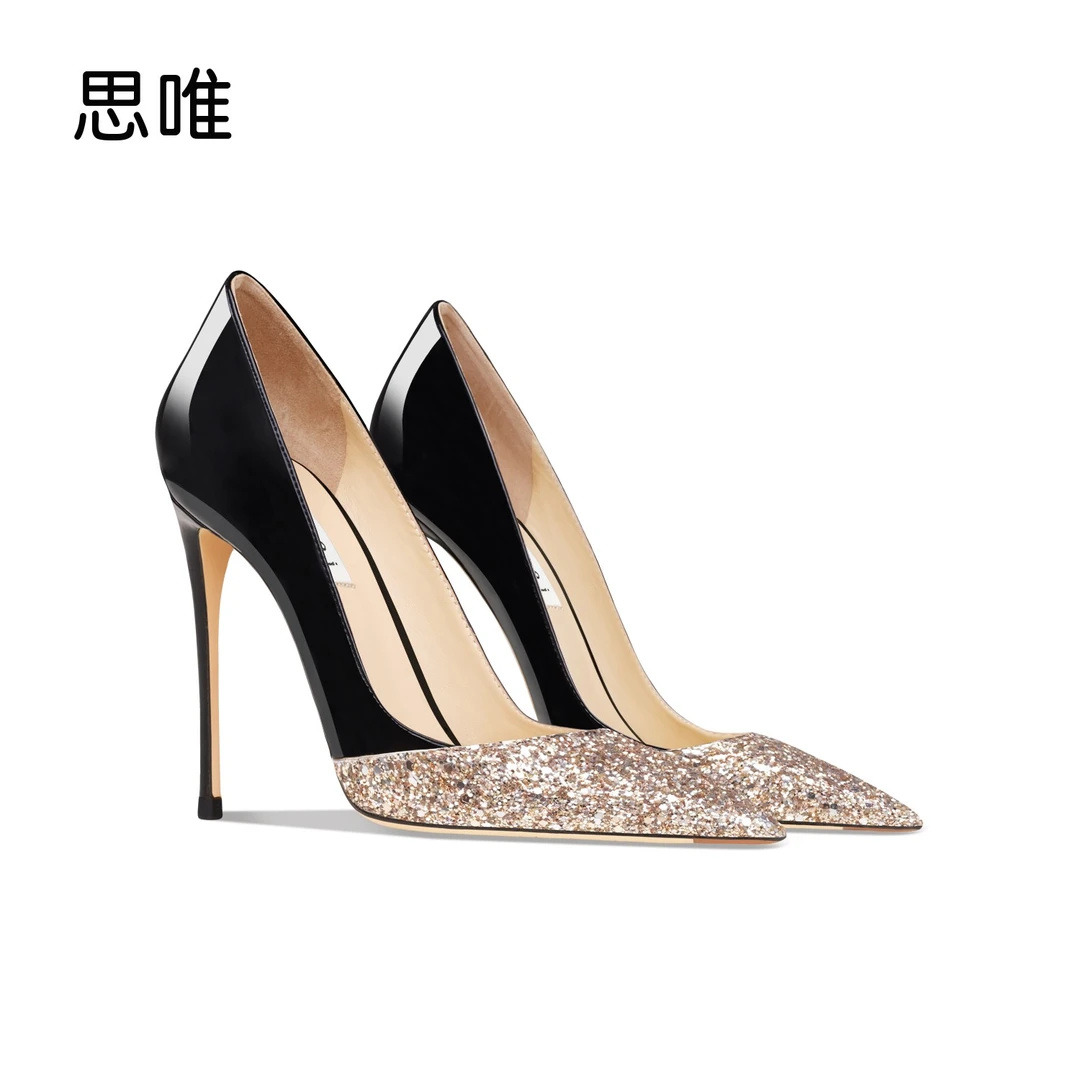 思唯拼接黑色亮片高跟鞋女细跟尖头浅口2025年新款爆款法式单跟鞋