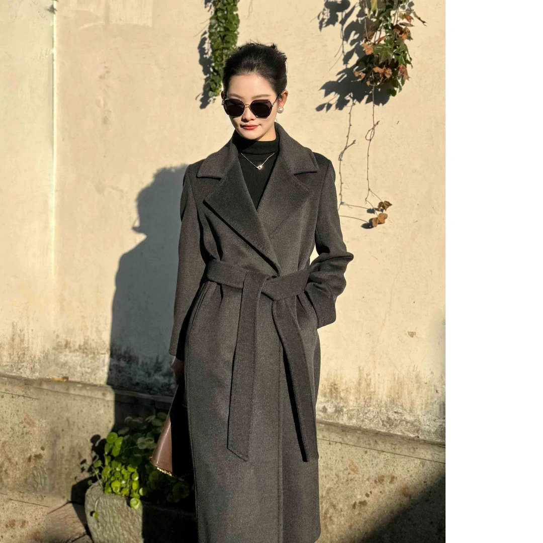 德莱妮思冬季新爆款正肩加厚高端双面羊绒大衣女灰色长款修身显瘦