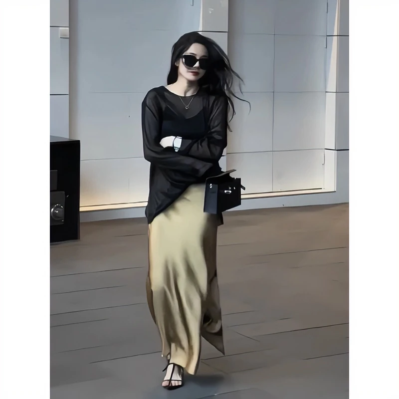 香槟金色缎面醋酸半身裙女夏季新款法式优雅长裙高级感鱼尾包臀裙