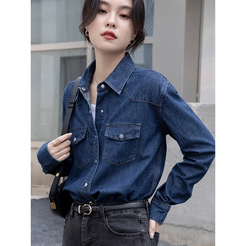 深蓝色牛仔衬衫女内搭叠穿春秋2023新款小个子衬衣宽松休闲软上衣