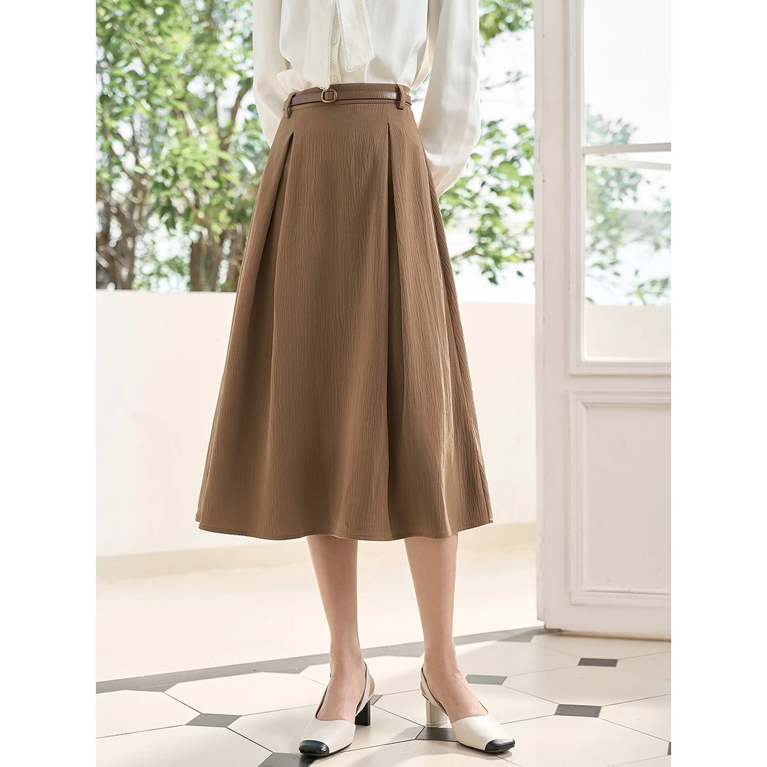 茵曼春秋女半身裙长裙A字裙显瘦高腰休闲气质新款百搭时尚腰带