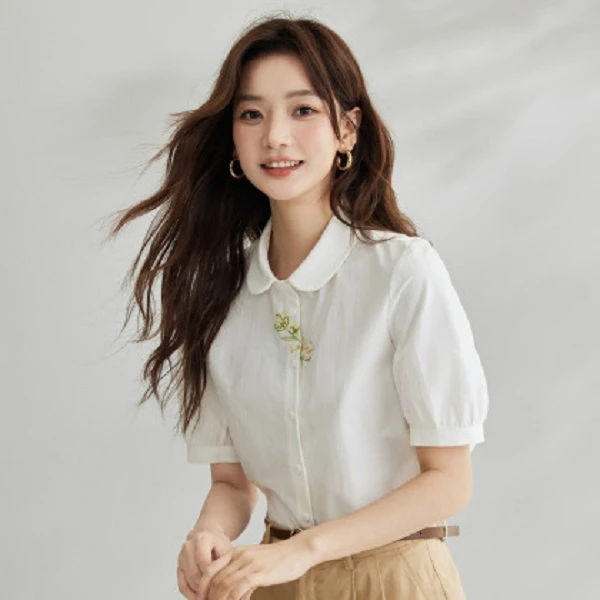茵曼2024夏季新款女衬衫衬衣上衣白衬衫短袖纯棉休闲小豹纹薄款