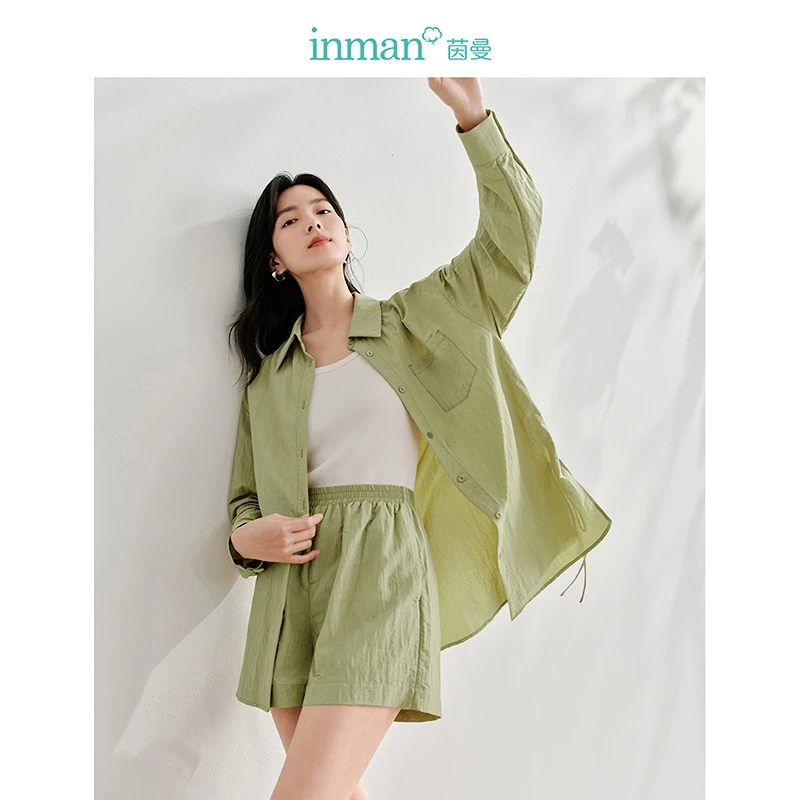 茵曼2024夏季新款女衬衫上衣外套长袖亚麻泡泡袖宽松碎花印花休闲