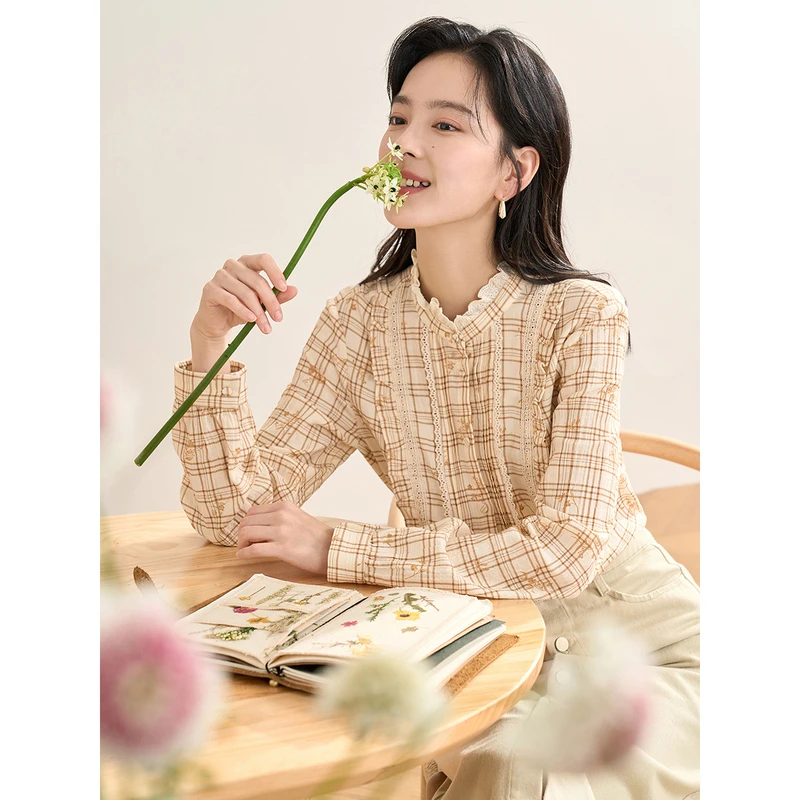 【商场同款】茵曼春秋女衬衫衬衣长袖格子新款休闲格纹提花爆款百搭