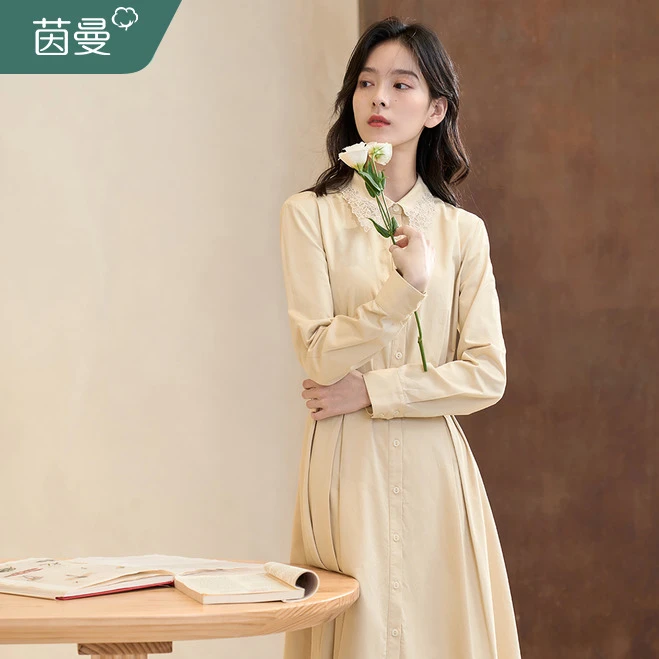 【秋至】茵曼春秋女连衣裙长袖女装新款休闲时尚收腰夏季通勤裙长