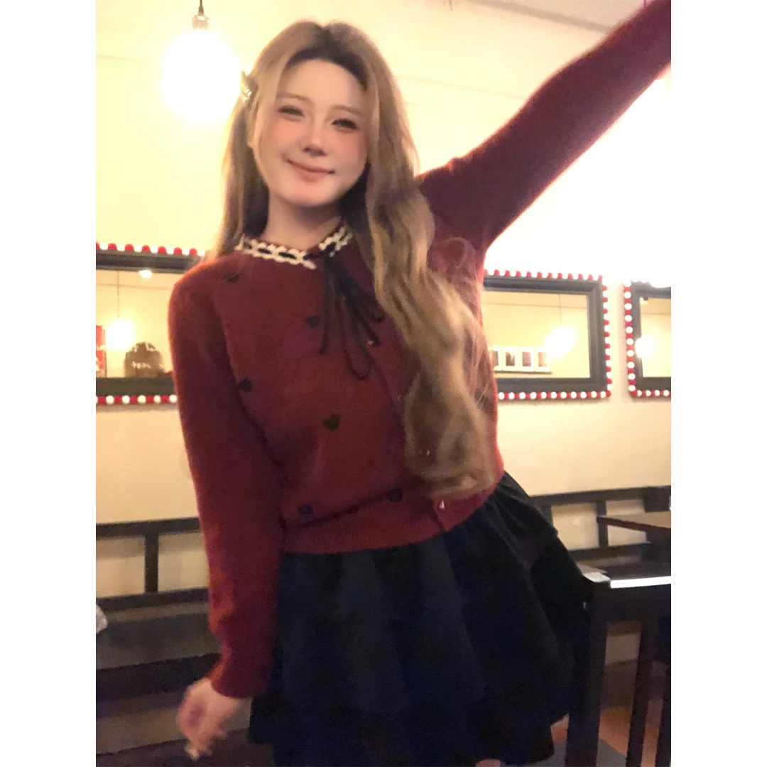 安妮不火秋冬新款miu系菱格爱心纽扣设计款ins网红毛衣AA244M0025