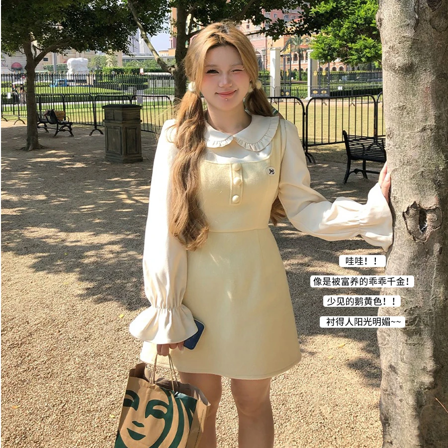 安妮不火【落日雪国】新款娃娃领小众设计感假两件连衣裙A243Q0527