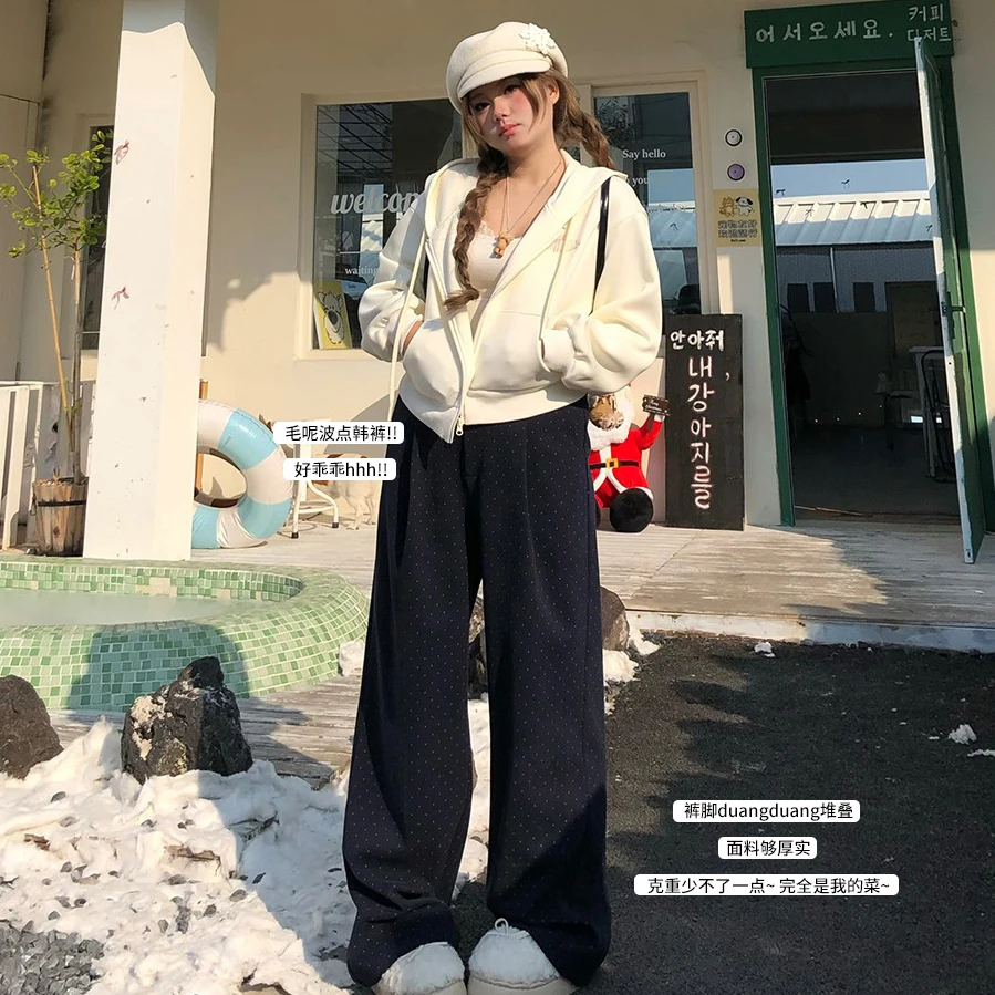 安妮不火【暖炉波点裤】百搭显瘦松弛感小众款毛呢休闲裤A243V0041