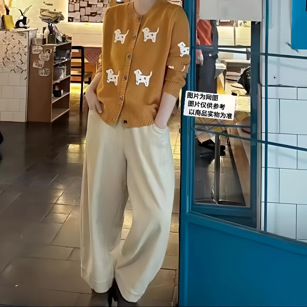 【桃亦家】网红秋季慵懒圆领加厚可爱小狗针织开衫上衣+白萝卜裤女