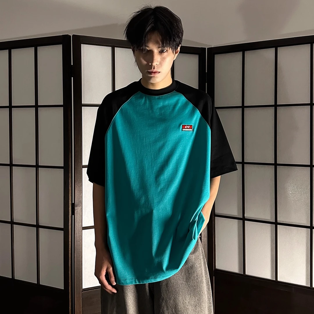 清仓专属 蒂芙尼蓝 原创设计插肩袖刺绣短袖男显白宽松T恤潮