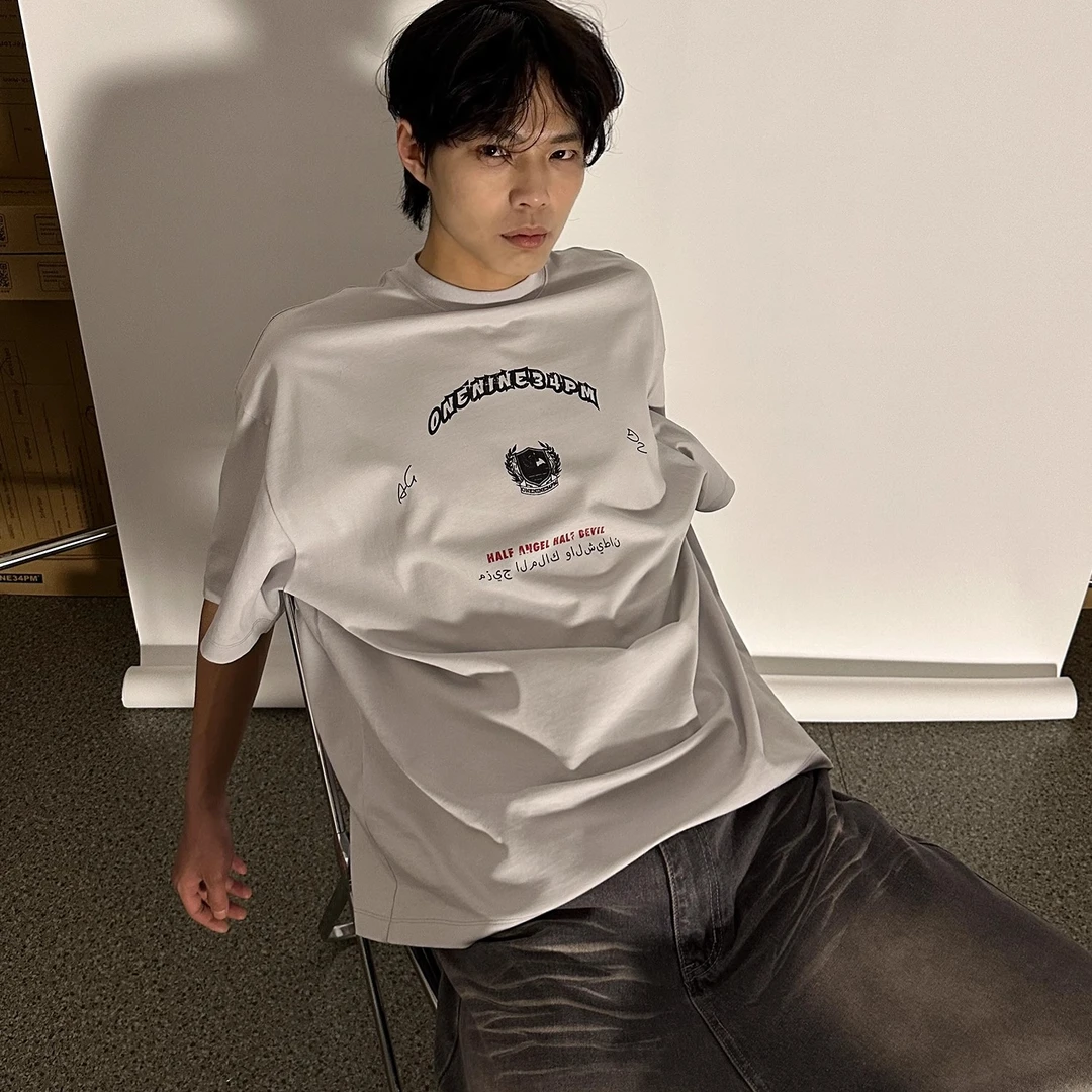 清仓专属  天使与恶魔 原创小领口复古印花T恤宽松纯棉白灰短袖