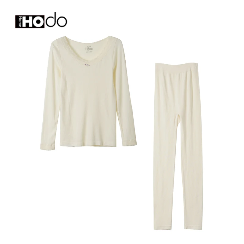 红豆【美洋洋保暖】轻暖发热女秋冬法式圆领蕾丝修身美体套装