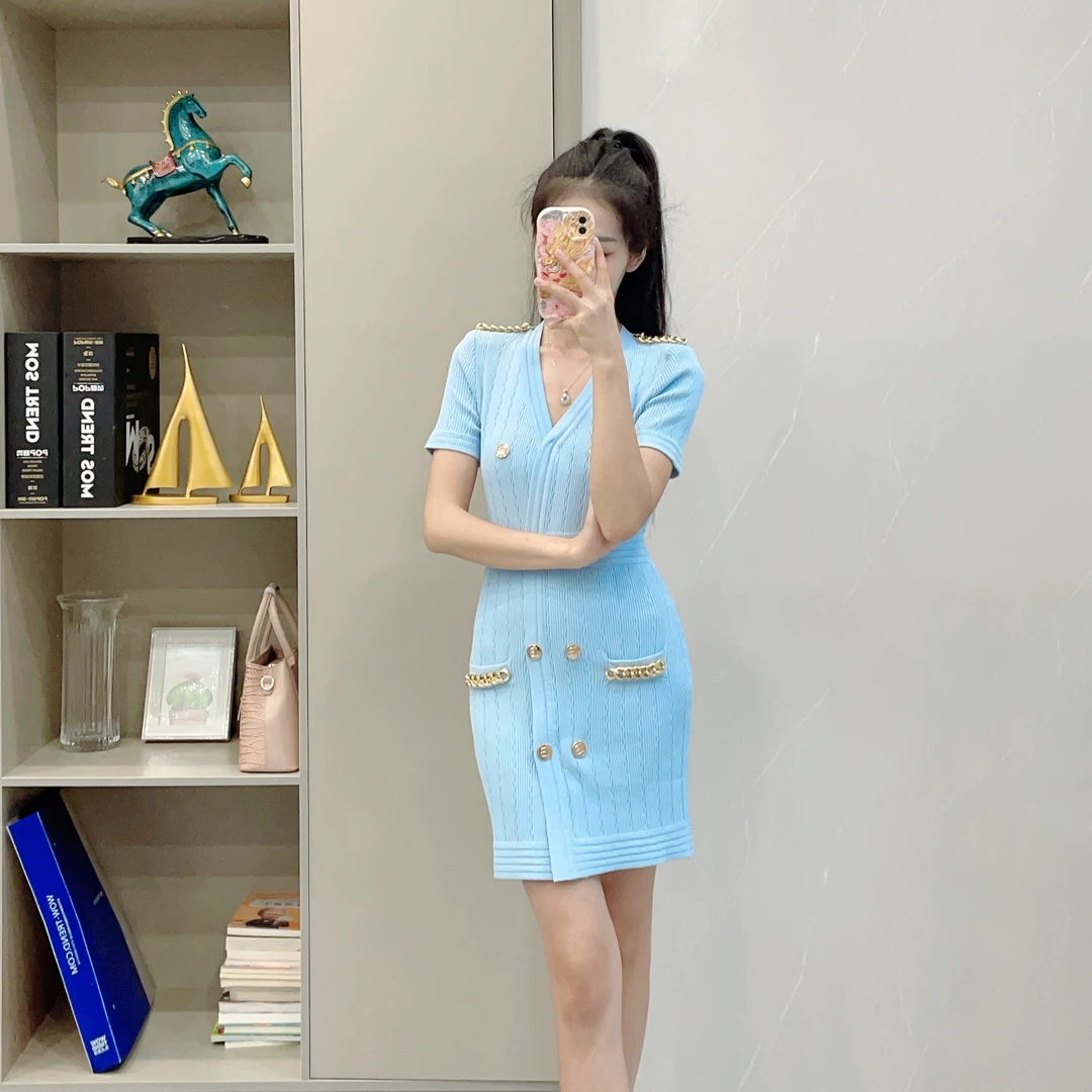 3875新中式时尚气质v领通勤针织法式设计师a字修身名媛高档连衣裙