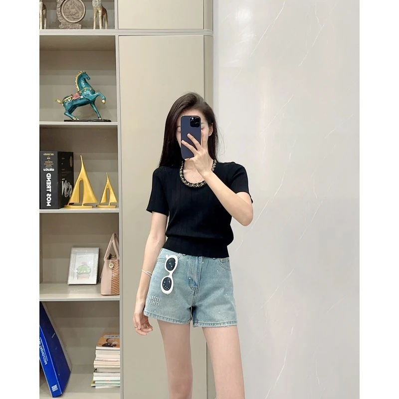 【168】新中式蕾丝修身V领短袖百搭短款针织衫开衫小香风气质时尚