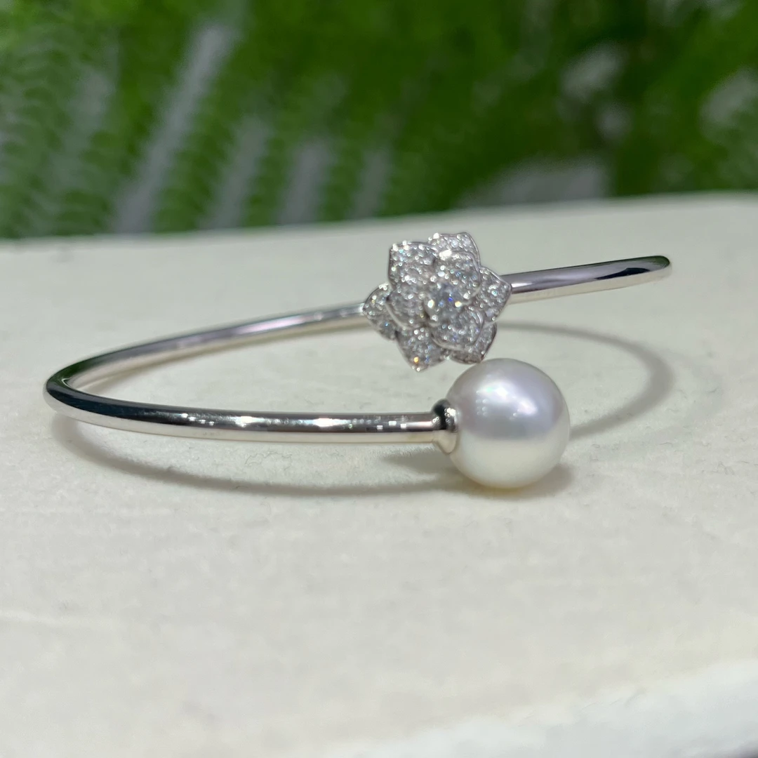 天然海水澳白珍珠s925银镶伯爵花手镯开口小众奢华高级感满满