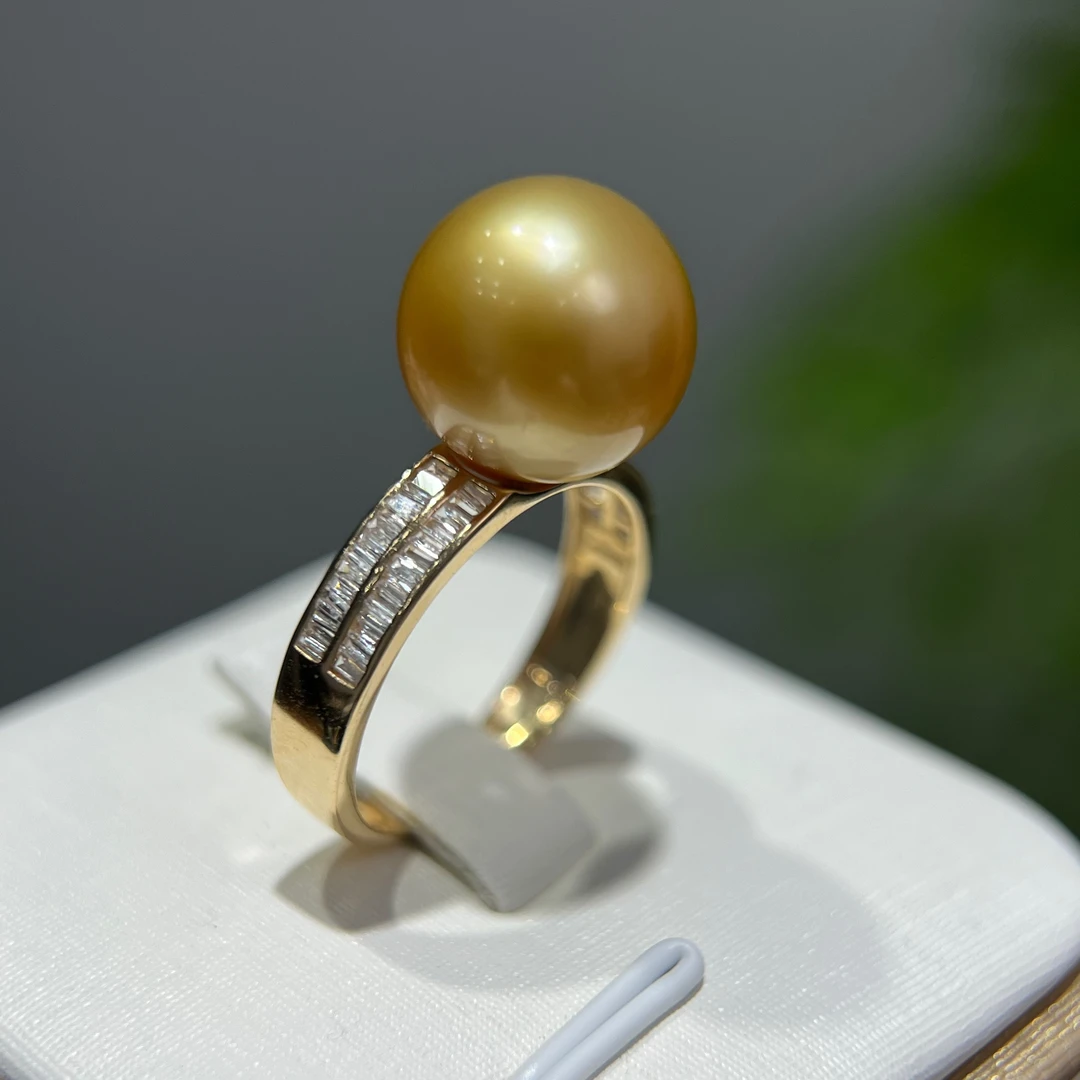 天然海水南洋金珠18K金镶嵌珍珠戒指双排t方钻石时尚气质大方设计