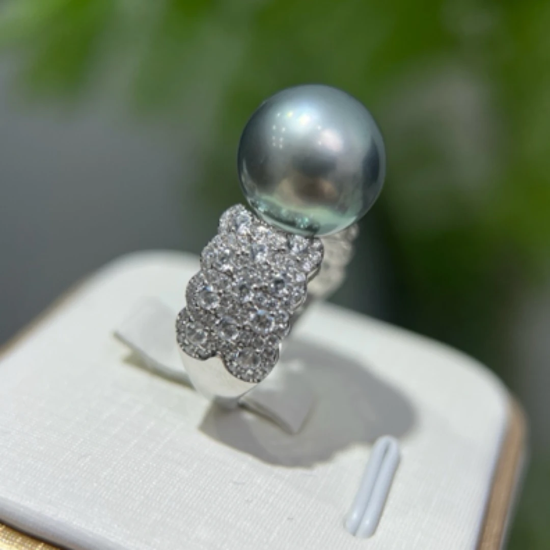 天然海水珍珠戒指18k金豪华镶嵌大溪地11-12mm轻奢时尚个性女款