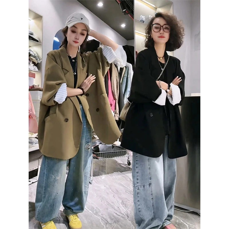 欧货气质休闲西装外套女2024年春秋新款宽松时尚中长款双排扣西服