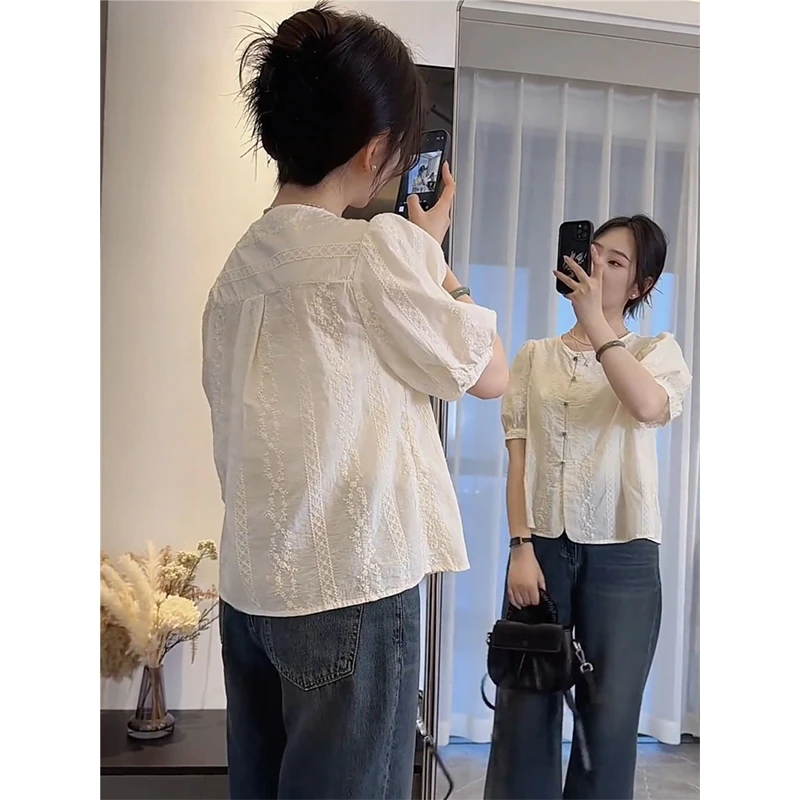 新中式国风衬衫女短袖薄款上衣夏季2024新款高级感小个子刺绣小衫