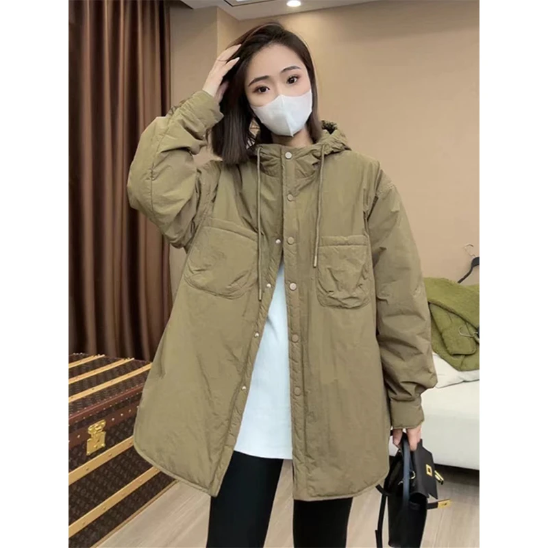 中长款连帽棉衣外套女2024秋冬新款宽松休闲轻薄百搭工装爆款棉服