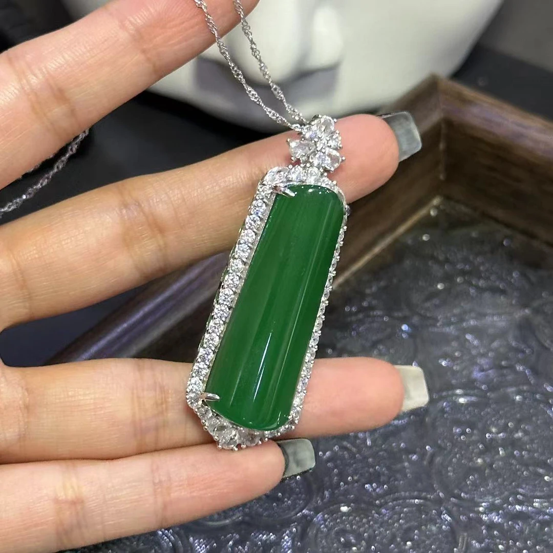 坠链均925银 绿色无事牌时尚项链-3596