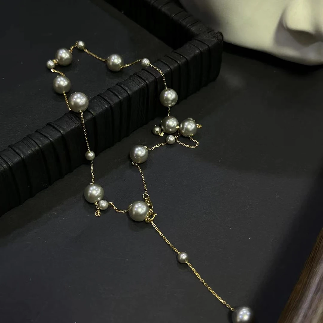 坠链均925银 可调节灰色珠珠项链-3600