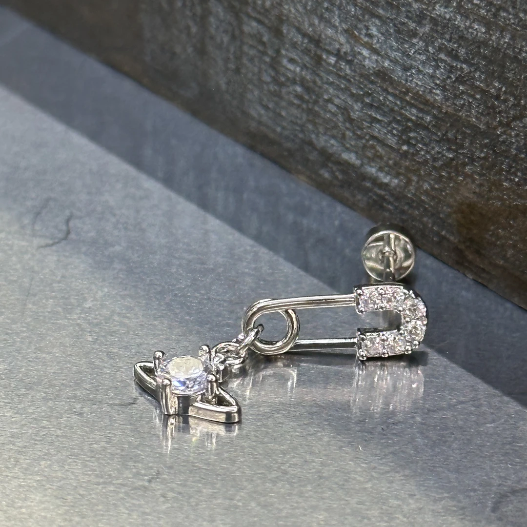 钛钢耳饰 银色土星别针流苏耳钉-3426