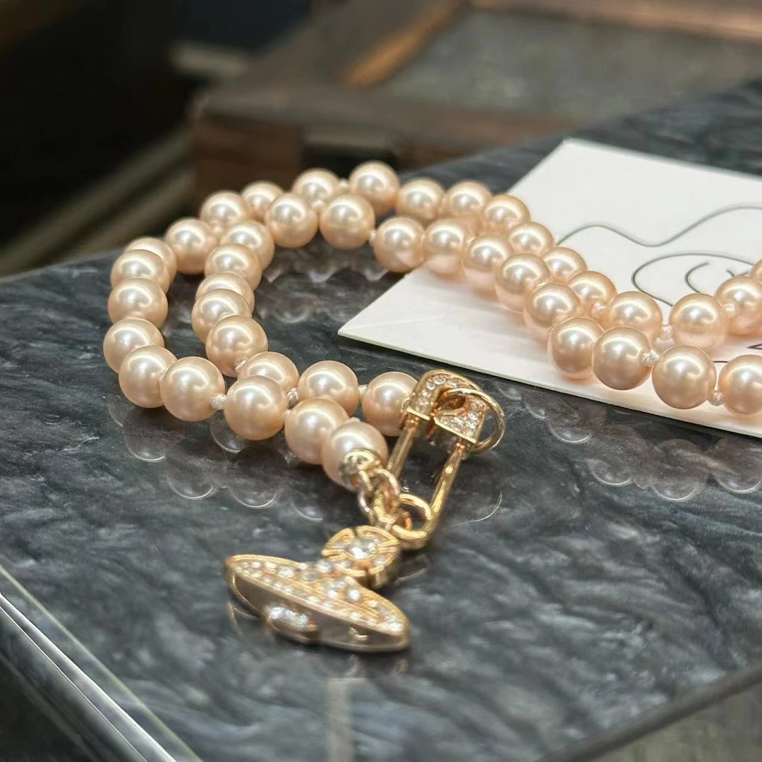 铜合金项链 淡粉色别针土星项链-66670