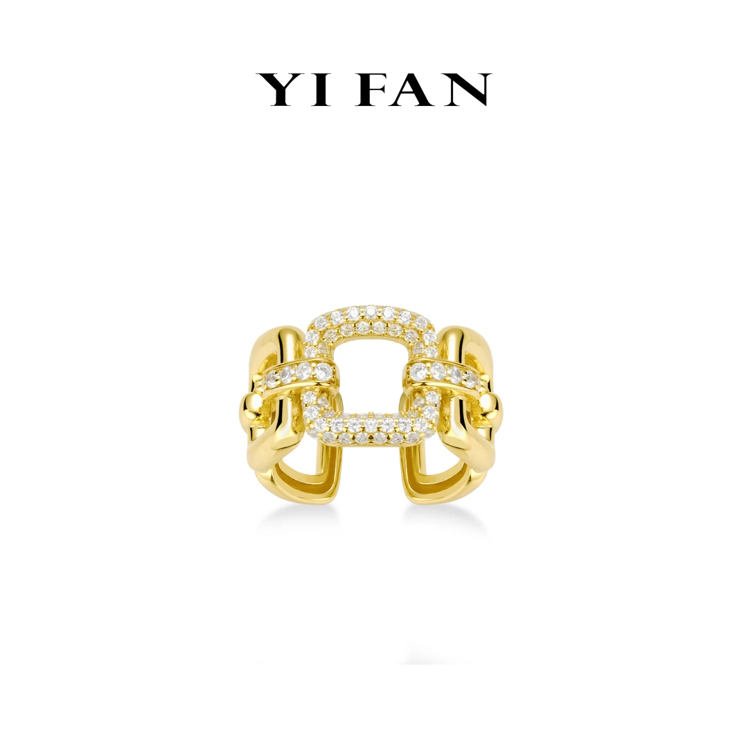 925银合成锆石戒指 1986-金色满钻环环相扣镂空百搭戒指