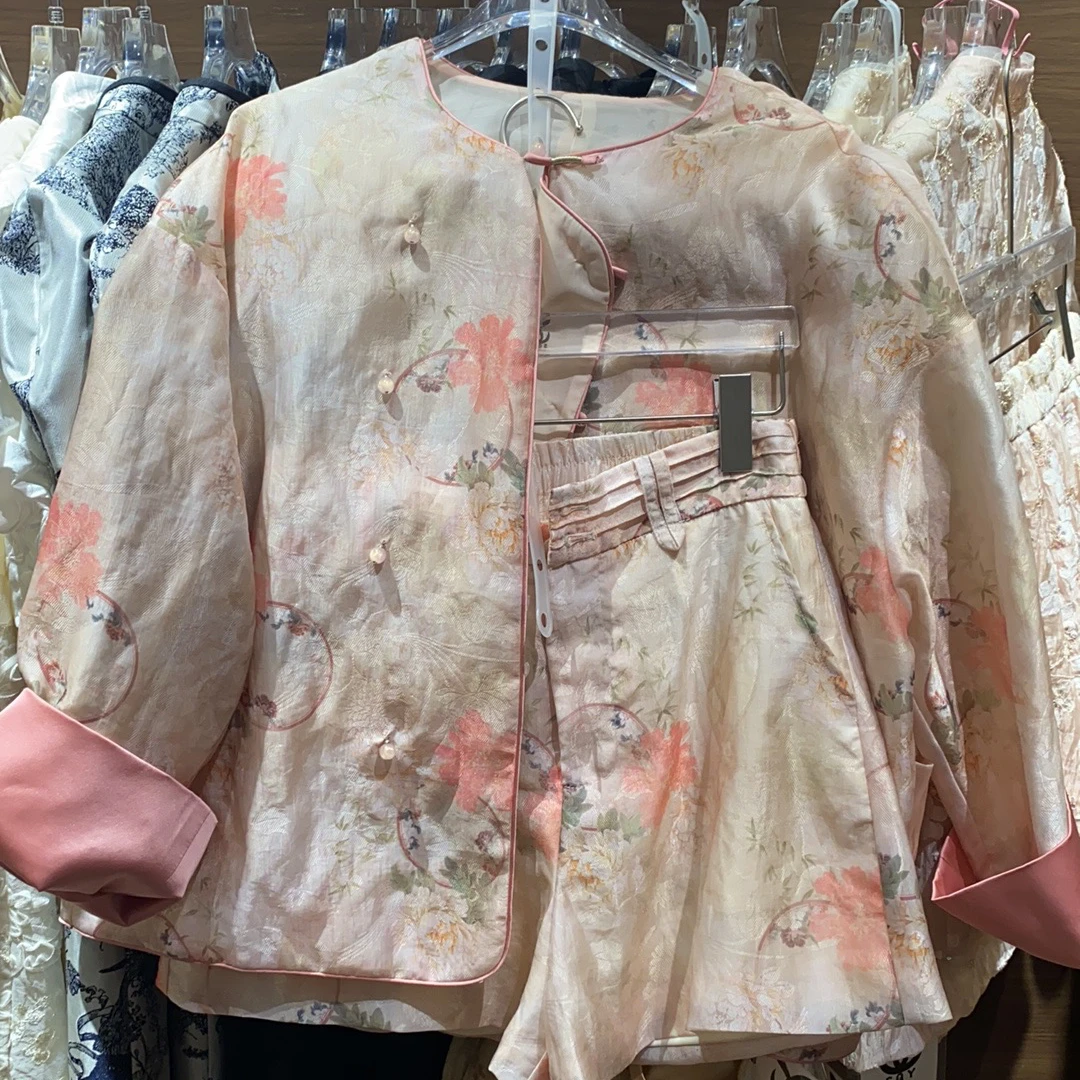 新中式中国风扎染印花长袖短裤套装