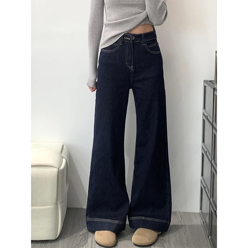 AXEF 美式复古微喇牛仔裤女秋冬加绒高腰修身喇叭裤垂感拖地长裤