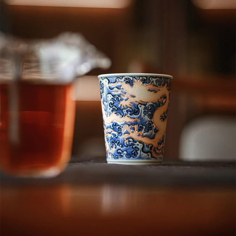 瓷语慕古暗刻正面龙纹小可乐杯火石红陶瓷主人杯柴窑手工制