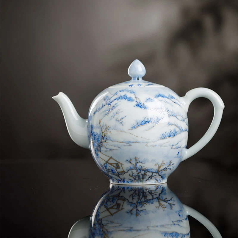 瓷语柴窑描金溪山雪景壶手工制瓷器泡茶壶送礼推荐
