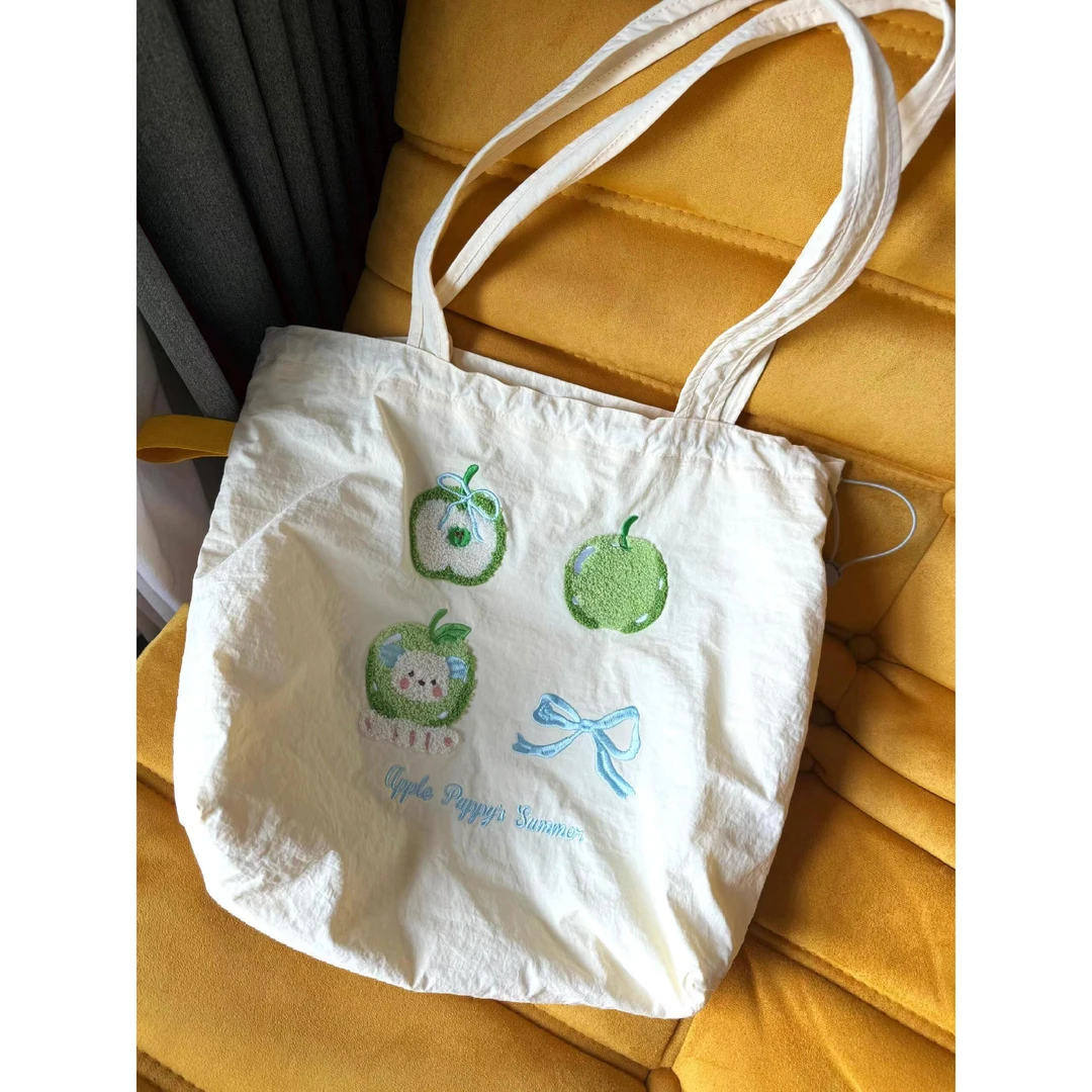 小清新苹果图案帆布包袋女慵懒风单肩腋下包休闲大容量通勤托特包