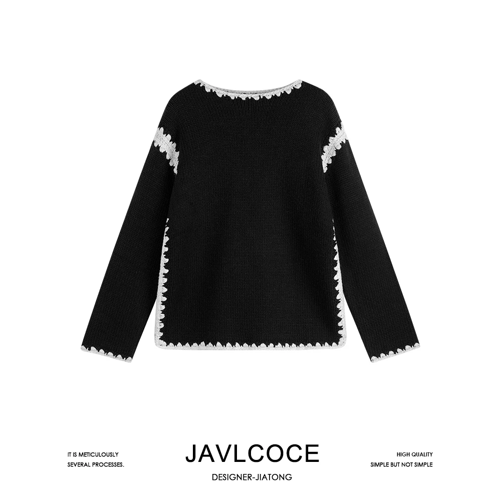 JAVLCOCE/娇可可手工钩花圆领套头毛衣撞色缝线时尚气质上衣针织