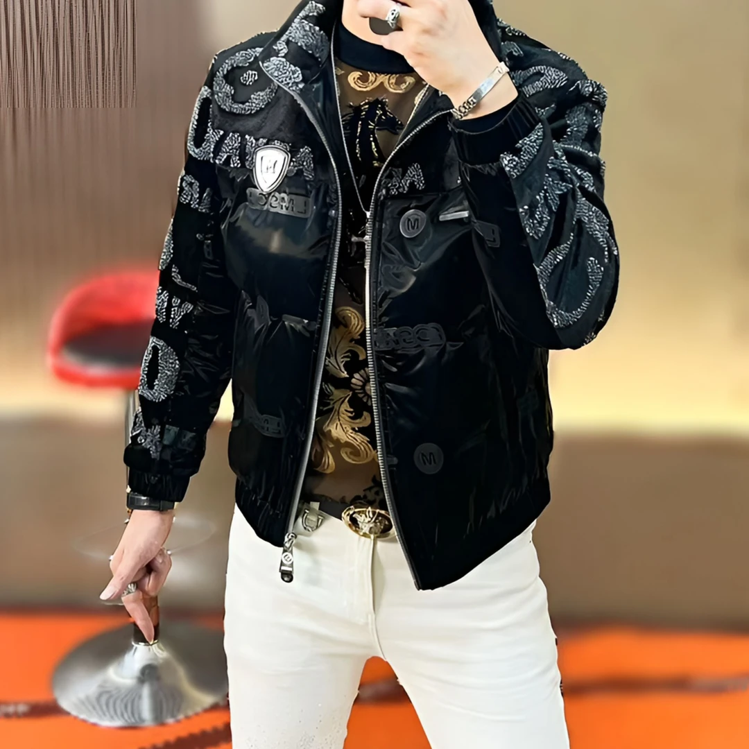 【新巴男装】2321男士冬季时尚修身简欧重工提花潮流轻奢立领羽绒服
