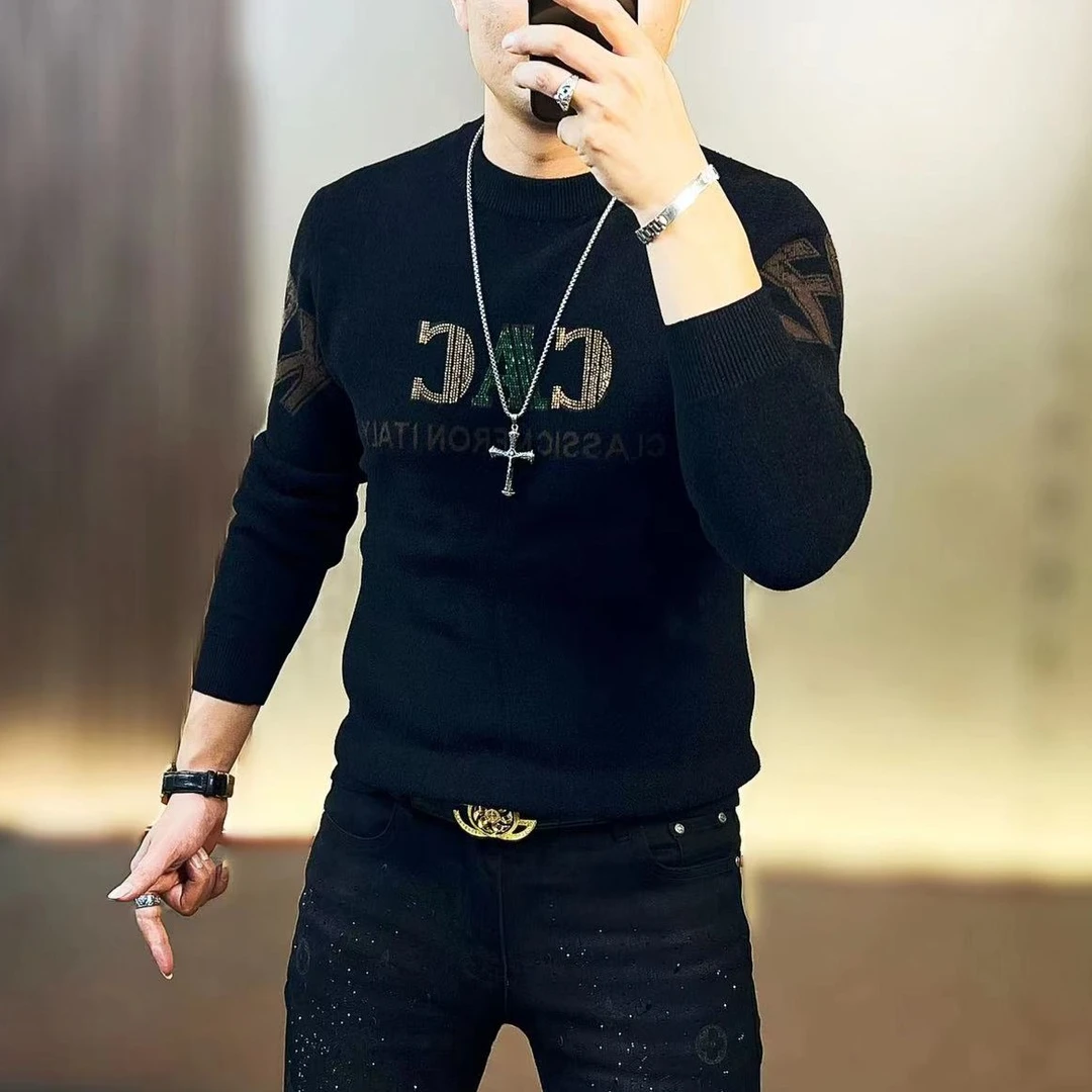 大奔哥2023秋冬新款男士天鹅绒潮流针织圆领字母提花修身时尚毛衣