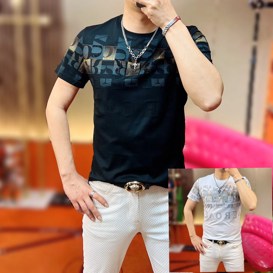 2025夏季新款修身时尚休闲字母烧花男士轻奢圆领透气潮流短袖T恤