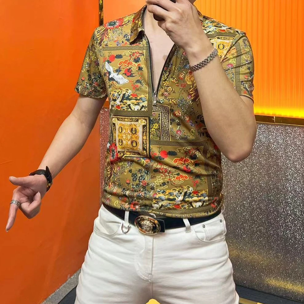 XB-2024夏季新款男士潮流冰丝印花修身时尚休闲百搭翻领短袖T恤