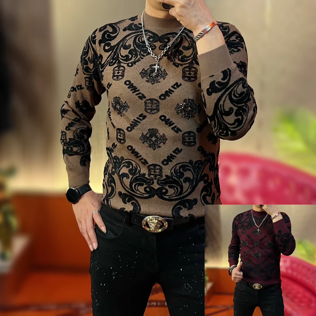 大奔哥-时尚针织修身秋冬新款安哥拉红提花圆领高弹毛衣潮流男装