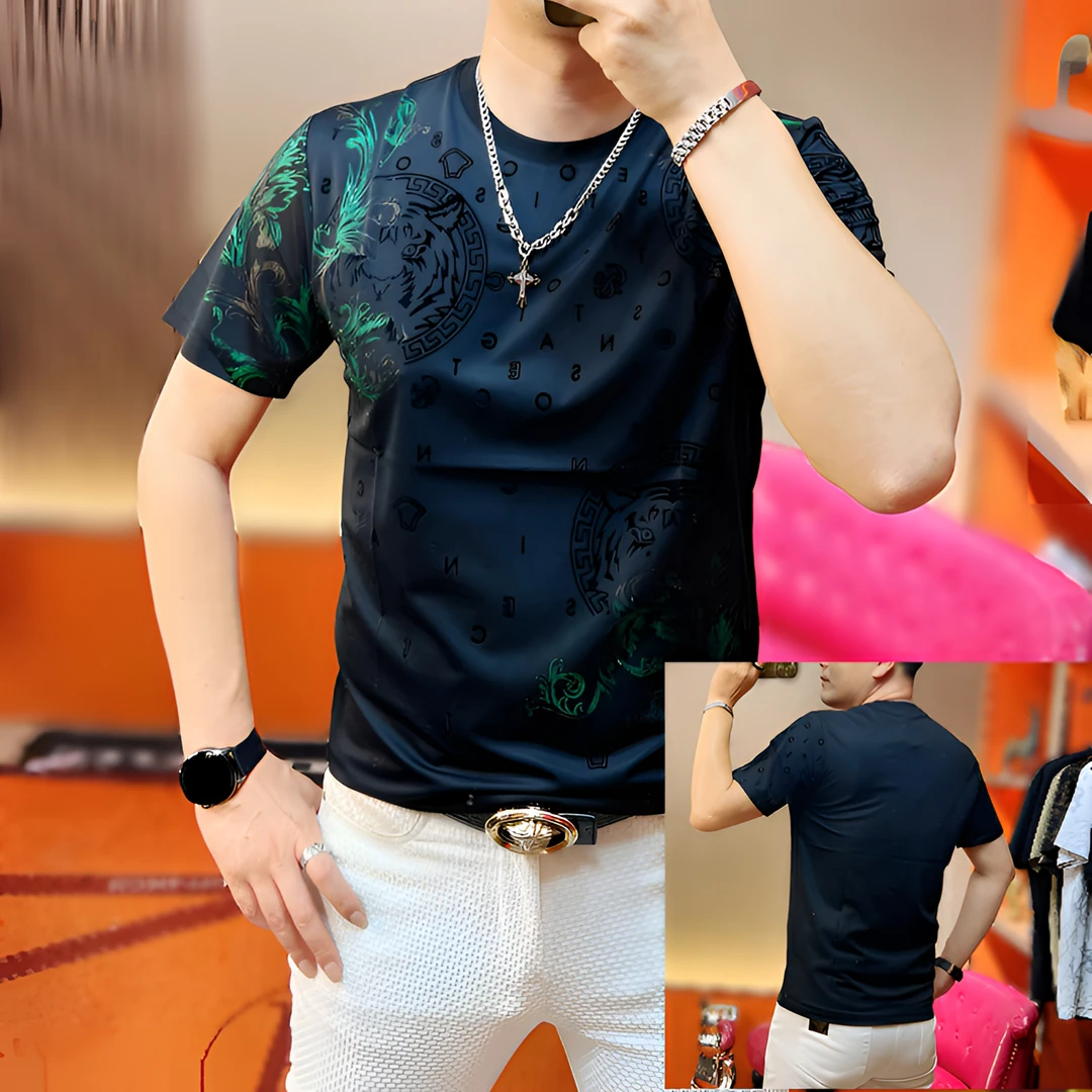 夏季新款时尚休闲薄款高弹提花百搭男士度假圆领透气潮流短袖T恤